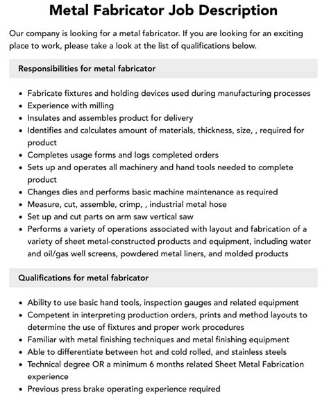 sheet metal operator job description|sheet metal fabricator job description.